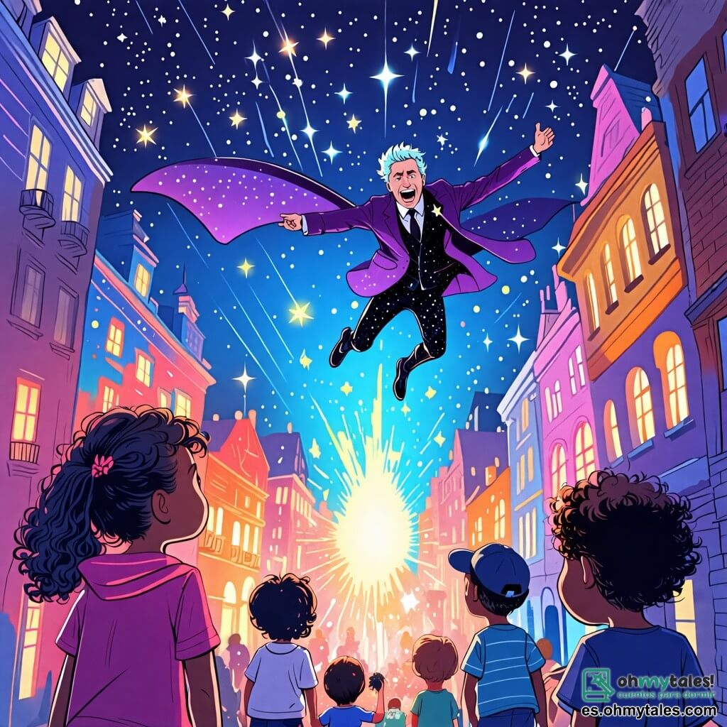 Une illustration sous forme de dessin destinée aux enfants représentant une ville colorée et lumineuse, avec des bâtiments aux teintes pastel et des étoiles scintillantes dans un ciel nocturne, où un homme au costume brillant et étoilé, avec des cheveux ébouriffés et un sourire déterminé, vole dans les airs en lançant des éclats de lumière pour combattre un vilain aux vêtements sombres et menaçants, avec des yeux perçants, qui tente de plonger la ville dans l'obscurité, tandis qu'un groupe d'enfants émerveillés, une fille aux cheveux bouclés et un garçon avec une casquette, regardent la scène avec admiration et espoir.