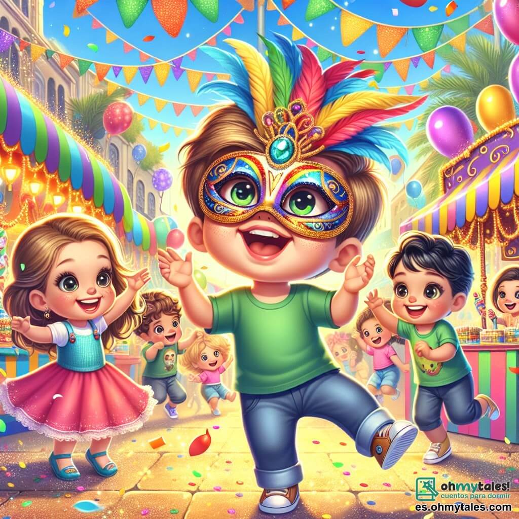 Ilustración que representa una escena vibrante de un carnaval colorido. En el fondo, una calle animada está decorada con guirnaldas multicolores, globos flotantes y puestos de dulces, mientras confeti cae del cielo soleado. En el centro, un niño de 1 año, con cabello castaño y ojos brillantes, lleva una hermosa máscara de carnaval en colores vibrantes de rojo, azul y amarillo. Sonríe ampliamente, con los brazos en alto, saltando de alegría al ritmo de la música festiva. A su alrededor, varios niños de 4 a 6 años también están presentes. Una niña rubia, vestida con un vestido rosa, baila girando, mientras un niño de cabello negro, con una camiseta verde, le ofrece una mano llena de caramelos coloridos. La escena captura la energía y la emoción del carnaval, con risas, juegos y una atmósfera de felicidad contagiosa. Mariposas coloridas vuelan alrededor, añadiendo un toque mágico a esta alegre fiesta.