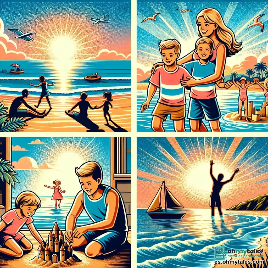 Une illustration destinée aux enfants représentant un jeune garçon plein de joie qui passe des vacances d'été inoubliables sur une plage ensoleillée, entouré de sa famille, construisant des châteaux de sable, explorant les fonds marins et admirant un magnifique coucher de soleil sur l'océan scintillant.