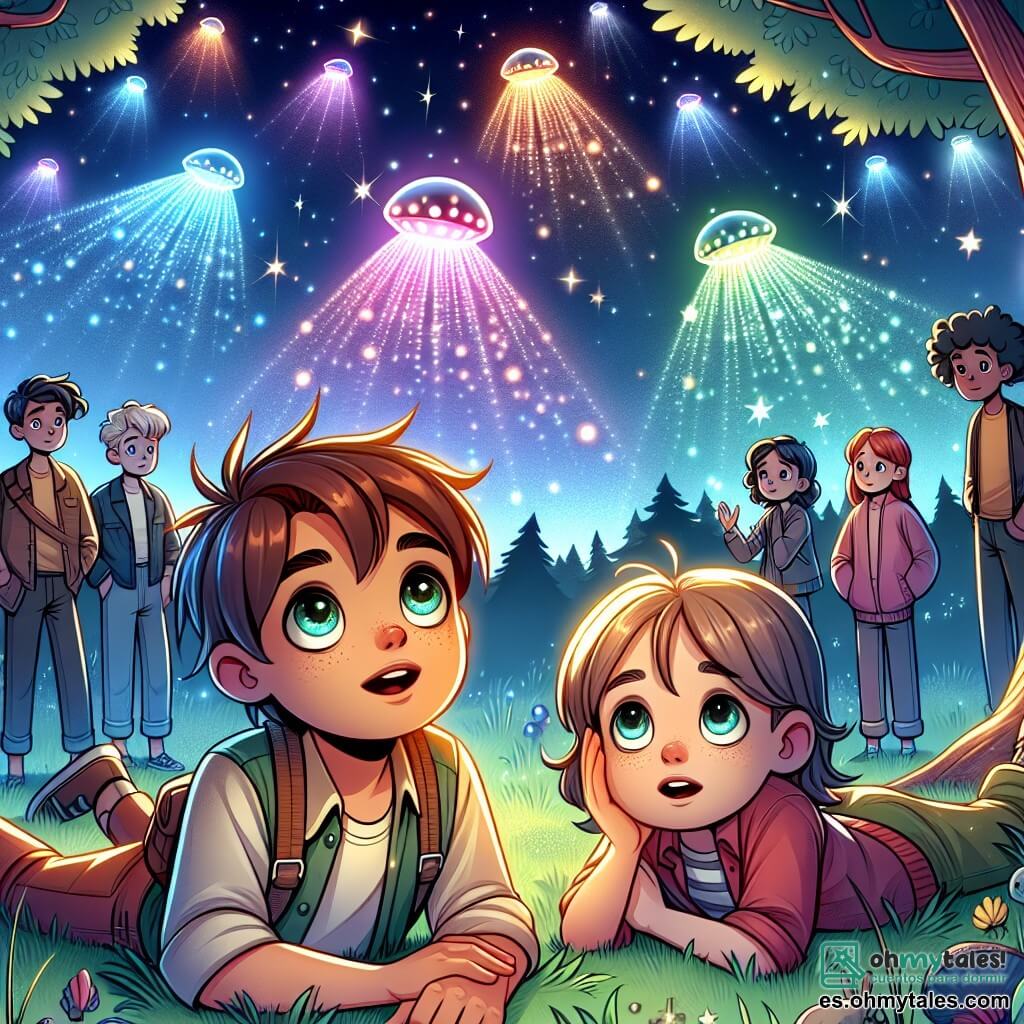 Une illustration sous forme de dessin destinée aux enfants représentant un clair de lune magique dans un forêt enchantée, où un garçon de 9 ans aux cheveux bruns et aux yeux pétillants, allongé sur l'herbe, observe avec émerveillement des lumières colorées flottant dans le ciel, tandis que sa sœur aînée, une fille de 12 ans aux cheveux longs et blonds, se tient à ses côtés, les yeux écarquillés de surprise, et leurs deux amis, un garçon aux cheveux noirs et une fille aux cheveux roux, se tiennent derrière eux, tous captivés par le spectacle mystérieux des extraterrestres qui se matérialisent dans le ciel étoilé, créant une atmosphère d'aventure et de curiosité.