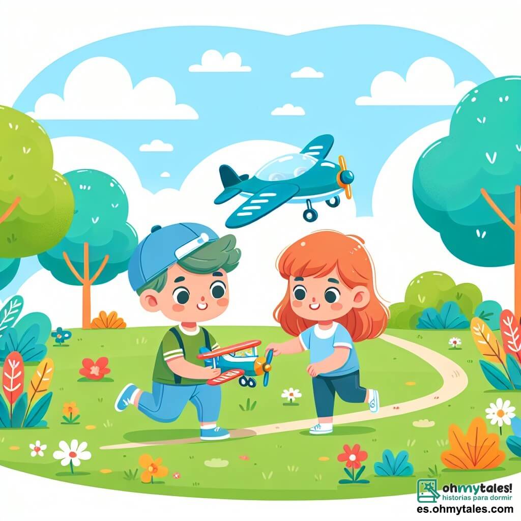 Une illustration destinée aux enfants représentant un petit garçon curieux, jouant avec un avion de jouet, accompagné d'une petite fille, dans un parc verdoyant avec des arbres colorés et un ciel bleu clair.