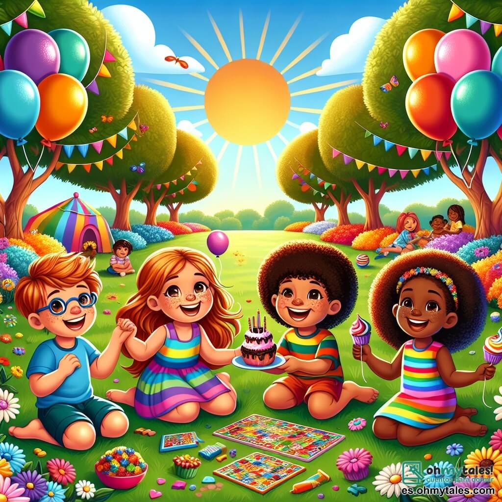 Ilustración que representa un parque soleado, lleno de flores coloridas y árboles majestuosos. En el centro, un grupo de cinco niños juega juntos sobre un tapiz de hierba. Hay un niño de cinco años, con cabello rizado y piel clara, que sonríe alegremente. A su lado, una niña de cinco años, con cabello liso y piel clara, lleva un vestido colorido y ríe mientras sostiene pasteles. Otro niño, también de cinco años, con gafas y piel clara, está sentado en el suelo, rodeado de juegos de mesa. Una niña de cinco años, con pecas y cabello castaño, está dibujando patrones en la arena. Finalmente, una niña de cinco años, con cabello rizado y piel oscura, está de pie, mostrando un plato de dulces tradicionales. Todos los niños lucen sonrisas radiantes, simbolizando la amistad y la tolerancia. En el fondo, globos coloridos flotan en el aire, añadiendo un toque festivo a la escena. El cielo es azul y despejado, y la atmósfera es alegre y acogedora, ilustrando la belleza de la amistad entre niños de diferentes culturas.