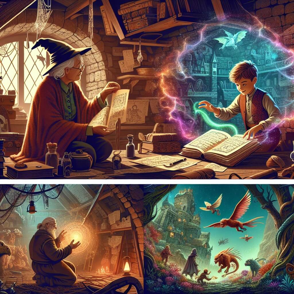 Une illustration destinée aux enfants représentant une apprentie sorcière pleine de curiosité, découvrant un vieux grimoire magique avec l'aide bienveillante de sa grand-mère sage, dans un grenier poussiéreux rempli d'objets mystérieux et de toiles d'araignée, qui les transporte ensuite vers un monde enchanté peuplé de créatures fantastiques dans un magnifique Bosque Encantado.