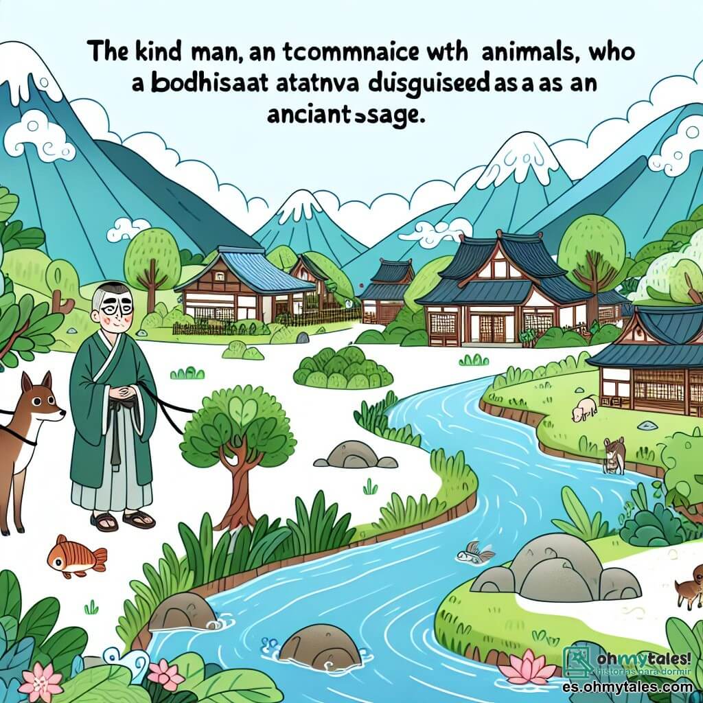 Une illustration destinée aux enfants représentant un homme bienveillant, capable de parler aux animaux, aidant un bodhisattva déguisé en ancien sage à retrouver son chemin dans un village japonais pittoresque entouré de montagnes verdoyantes, rivières cristallines et forêts mystérieuses.
