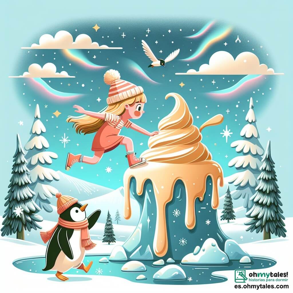 Une illustration destinée aux enfants représentant une petite fille intrépide, défiant la gravité en tentant de grimper au sommet d'une montagne en forme de glace fondante, accompagnée d'un sympathique pingouin, dans un paysage enneigé parsemé de sapins enneigés et d'aurores boréales chatoyantes.