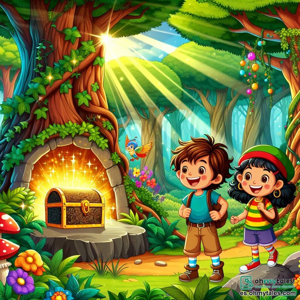 Ilustración que representa una escena mágica en un bosque soleado, con grandes árboles de troncos gruesos y hojas verdes brillantes. En el centro, un niño de unos 8 años, con el cabello castaño desordenado, lleva una camiseta azul y un pantalón corto beige. Sostiene un viejo pergamino enrollado, con los ojos brillando de emoción. A su lado, una niña de aproximadamente 7 años, con cabello rizado y una gorra roja, sonríe alegremente mientras salta sobre una piedra. Se encuentran frente a una cueva misteriosa, cuya entrada está adornada con lianas y flores coloridas. En el interior, un cofre dorado brilla, lleno de caramelos y juguetes. Rayos de luz filtran a través de los árboles, iluminando la escena con una atmósfera encantada. A su alrededor, aves coloridas vuelan, añadiendo vida a esta aventura.