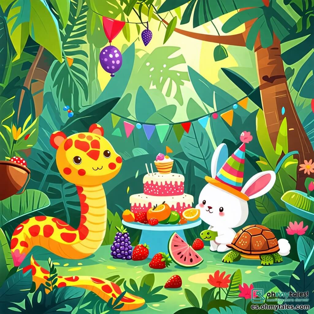 Une illustration sous forme de dessin destinée aux enfants représentant une jungle luxuriante avec des arbres verts et des fleurs colorées, où un serpent aux écailles brillantes et aux yeux malicieux est en train de préparer une grande fête en décorant une table avec des fruits et des gâteaux, tandis qu'un petit lapin aux grandes oreilles et à la fourrure blanche saute joyeusement autour de lui, et une tortue au carapace colorée, portant un petit chapeau, arrive avec un pot de glace, le tout dans une ambiance festive et enjouée.