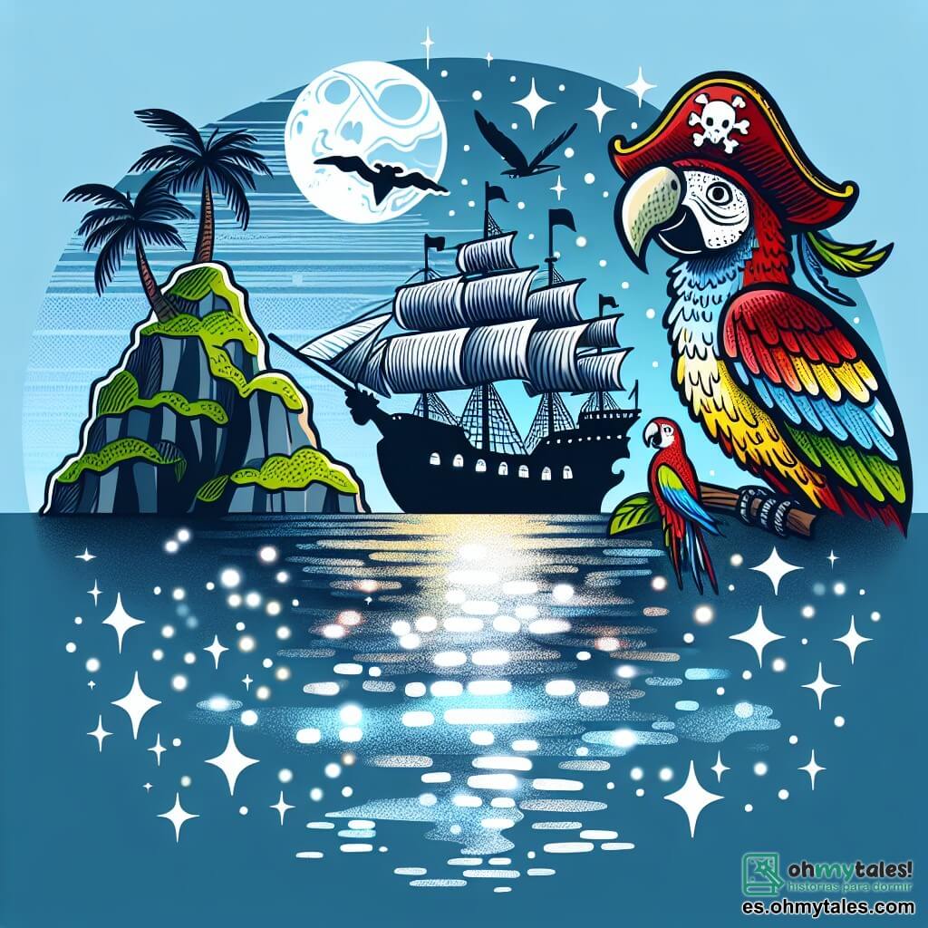Une illustration destinée aux enfants représentant un homme pirate intrépide, une île mystérieuse, un perroquet bavard et coloré, et un navire majestueux naviguant sur un océan scintillant de mille reflets argentés.