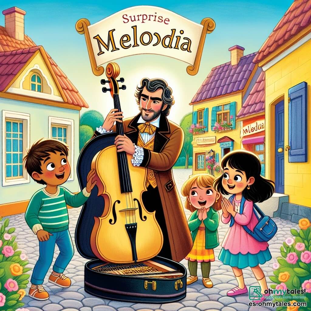 Une illustration destinée aux enfants représentant un musicien talentueux, entouré de trois enfants curieux, préparant un concerto surprise dans un petit village appelé Melodía, où les maisons sont colorées et les rues bordées de fleurs.