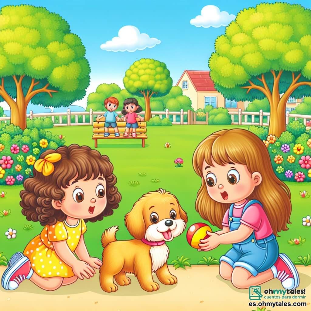 Ilustración que representa un parque soleado con árboles verdes exuberantes, flores coloridas y un cielo azul claro. En el centro, dos niñas, una de aproximadamente 8 años con cabello rizado y castaño, vestida con un vestido amarillo con puntos, y la otra de aproximadamente 7 años con cabello largo y rubio, vestida con una camiseta rosa y un short de mezclilla, están agachadas. Observan atentamente a un pequeño perro de pelaje dorado que sostiene en su boca una hermosa pelota roja brillante. Las niñas muestran expresiones de sorpresa y alegría, mientras que el perro, con una cola que mueve, parece feliz de jugar con ellas. Al fondo, un banco de madera y algunos niños jugando a lo lejos añaden una atmósfera alegre al parque.