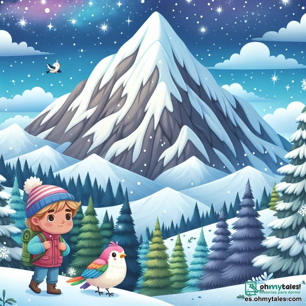 Une illustration destinée aux enfants représentant un jeune garçon intrépide se tenant devant une montagne gigantesque, accompagné d'un petit oiseau aux plumes multicolores, dans un paysage montagneux enneigé avec des sapins majestueux et un ciel étoilé scintillant.