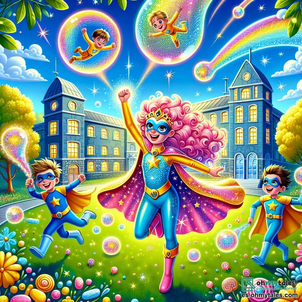 Ilustración que representa una escena colorida en el patio de la Escuela de Superhéroes de Superlandia, un lugar soleado con edificios de colores vivos, árboles con hojas brillantes y un cielo azul salpicado de nubes en forma de caramelos. En el centro, una joven superheroína, una mujer de cabello largo y rizado de color rosa, lleva una capa brillante y una diadema estrellada. Está saltando alegremente, rodeada de burbujas multicolores que flotan a su alrededor, creando una atmósfera festiva y lúdica. A su lado, un niño de unos 10 años, con cabello rubio desordenado y un traje azul, corre a toda velocidad, dejando tras de sí un rastro de luces centelleantes. Otro personaje, una niña de 9 años con cabello castaño y un atuendo amarillo, levanta los brazos al aire, lanzando destellos de luz que iluminan la escena. La situación principal muestra a la superheroína creando burbujas gigantes que se elevan en el aire, mientras sus amigos se divierten a su alrededor, riendo y tratando de atrapar las burbujas. Risas y alegría emanan de esta escena dinámica, llena de colores vivos y magia.