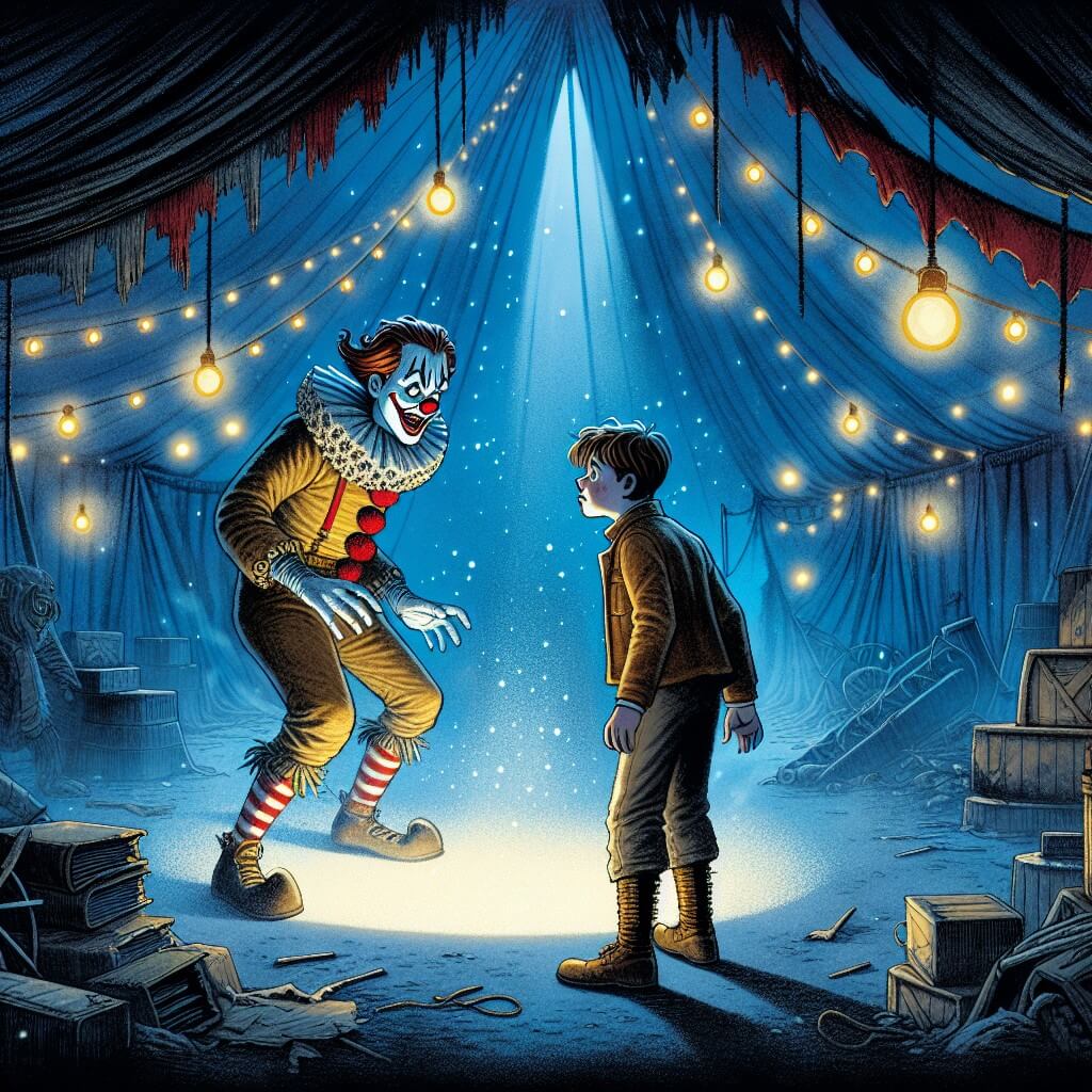Une illustration destinée aux enfants représentant un jeune garçon courageux, se retrouvant face à un sinistre clown dans un cirque abandonné, où des tentes déchirées et des lumières vacillantes créent une atmosphère effrayante et mystérieuse.