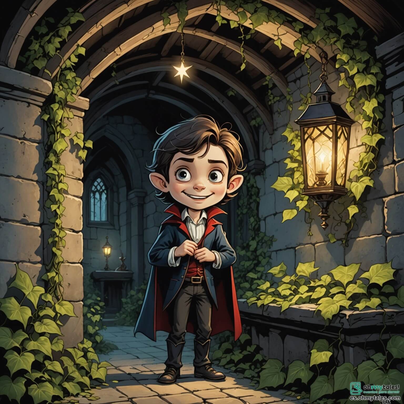 Une illustration destinée aux enfants représentant un vampire au teint pâle et aux yeux scintillants comme des étoiles, flottant gracieusement dans une vieille mansarde aux murs de pierre couverts de lierre, où des chandeliers en cristal diffusent une lumière tamisée, tandis qu'un jeune garçon intrépide, aux cheveux ébouriffés et au sourire espiègle, s'aventure à ses côtés pour découvrir les secrets cachés de cette demeure mystérieuse.