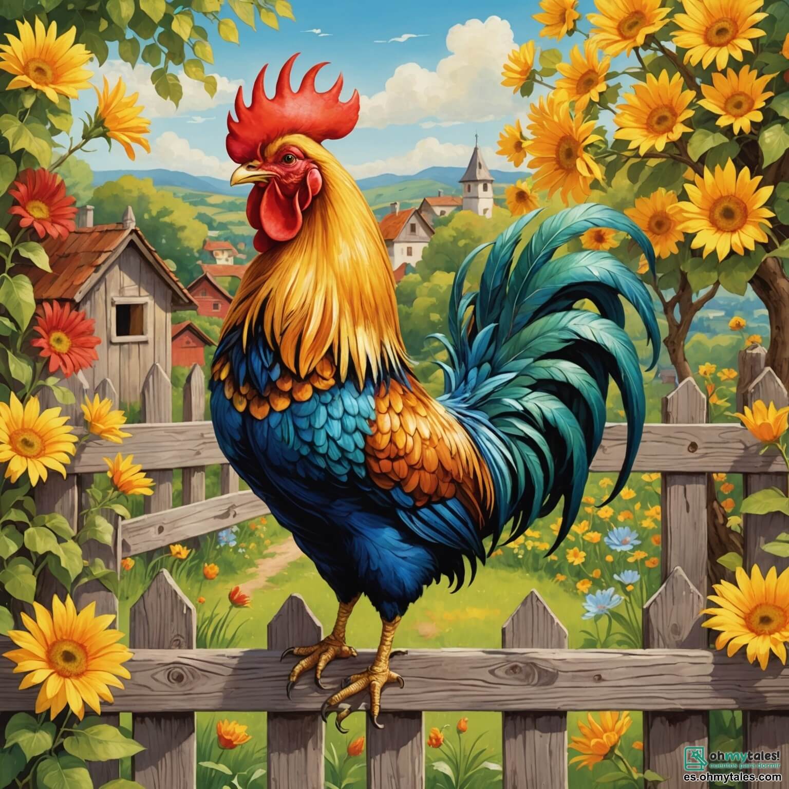 Une illustration destinée aux enfants représentant un coq flamboyant, avec des plumes dorées scintillantes comme des rayons de soleil, perché fièrement sur une clôture en bois usé par le temps, rêve de devenir le meilleur chanteur du monde tout en se préparant pour un grand concours de chant dans un charmant village coloré, où les fleurs dansent au rythme du vent et les arbres bordent les chemins, aux côtés de son meilleur ami, un jeune canard espiègle aux plumes jaunes éclatantes.