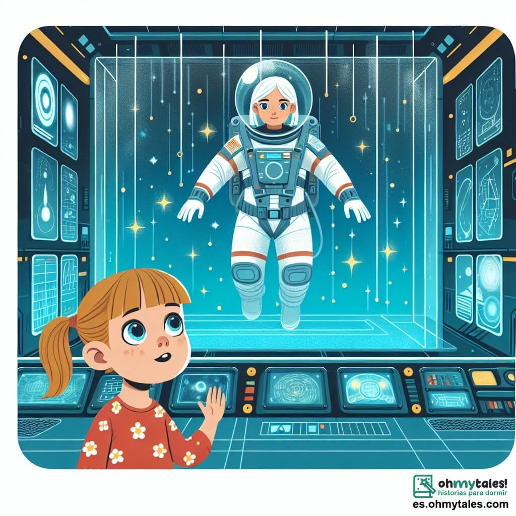 Une illustration destinée aux enfants représentant une femme astronaute flottant dans une immense piscine d'entraînement spatiale, accompagnée d'une petite fille curieuse aux yeux écarquillés, dans une salle de contrôle futuriste remplie de moniteurs et de gadgets lumineux.