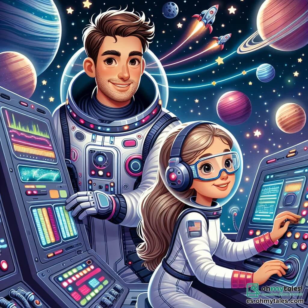 Une illustration sous forme de dessin destinée aux enfants représentant une station spatiale futuriste flottant dans l'espace, entourée de planètes colorées et d'étoiles scintillantes, avec un homme aux cheveux bruns et à la barbe légèrement ébouriffée, vêtu d'une combinaison spatiale brillante, en train de travailler sur un tableau de contrôle, tandis qu'une femme aux cheveux longs et blonds, portant des lunettes de protection, examine des écrans remplis de données à ses côtés, tous deux concentrés sur la réparation d'un système de communication intergalactique, symbolisant l'esprit d'aventure et de coopération entre différentes civilisations.