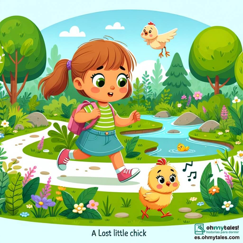 Une illustration destinée aux enfants représentant une jeune fille curieuse, se promenant dans un parc verdoyant, où elle découvre un adorable pollito perdu, déclenchant ainsi une aventure écologique.