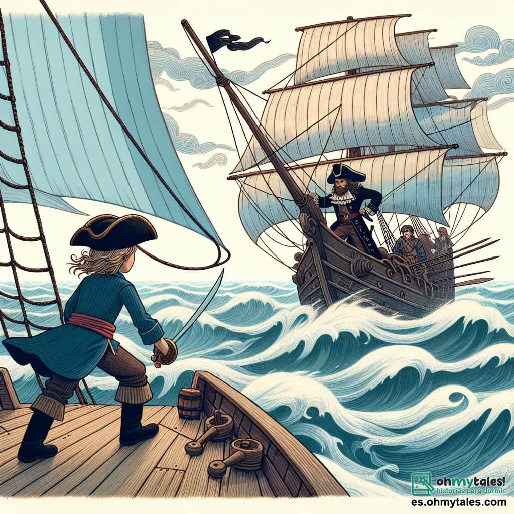 Une illustration destinée aux enfants représentant un courageux capitaine pirate (garçon) se tenant sur le pont de son navire, prêt à affronter une bataille navale contre une redoutable capitaine pirate (fille) sur un océan agité, entouré de voiles gonflées par le vent et de vagues tumultueuses.