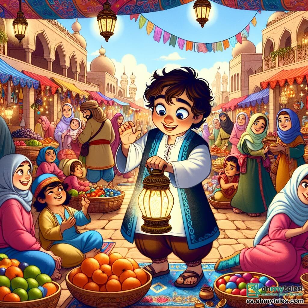 Illustration destinée aux enfants représentant un marché vibrant et coloré dans un royaume féerique, où des étals regorgent de fruits exotiques, de tissus chatoyants et de lanternes scintillantes sous un ciel bleu azur. Au centre, un jeune garçon à la peau bronzée, vêtu d'un pantalon large et d'une tunique simple, frotte une lampe brillante avec un regard d'émerveillement et d'espoir. À ses côtés, un groupe d'enfants aux visages joyeux, aux cheveux bouclés et aux robes colorées, jouent avec des jouets en bois, tandis qu'une femme au sourire chaleureux, portant un foulard sur la tête, distribue des douceurs aux passants. La scène dégage une atmosphère de bonheur et de camaraderie, avec des éclats de rire et des couleurs éclatantes, illustrant le pouvoir de la générosité et de l'unité dans la communauté.
