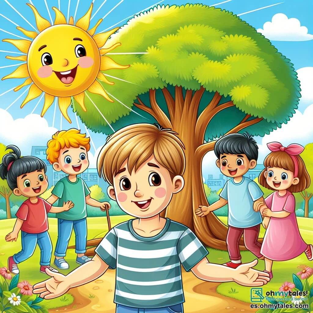Une illustration destinée aux enfants représentant un jeune garçon souriant, entouré d'amis et d'un arbre majestueux, dans un parc ensoleillé, où ils partagent des moments joyeux malgré la maladie qui touche l'un d'entre eux.