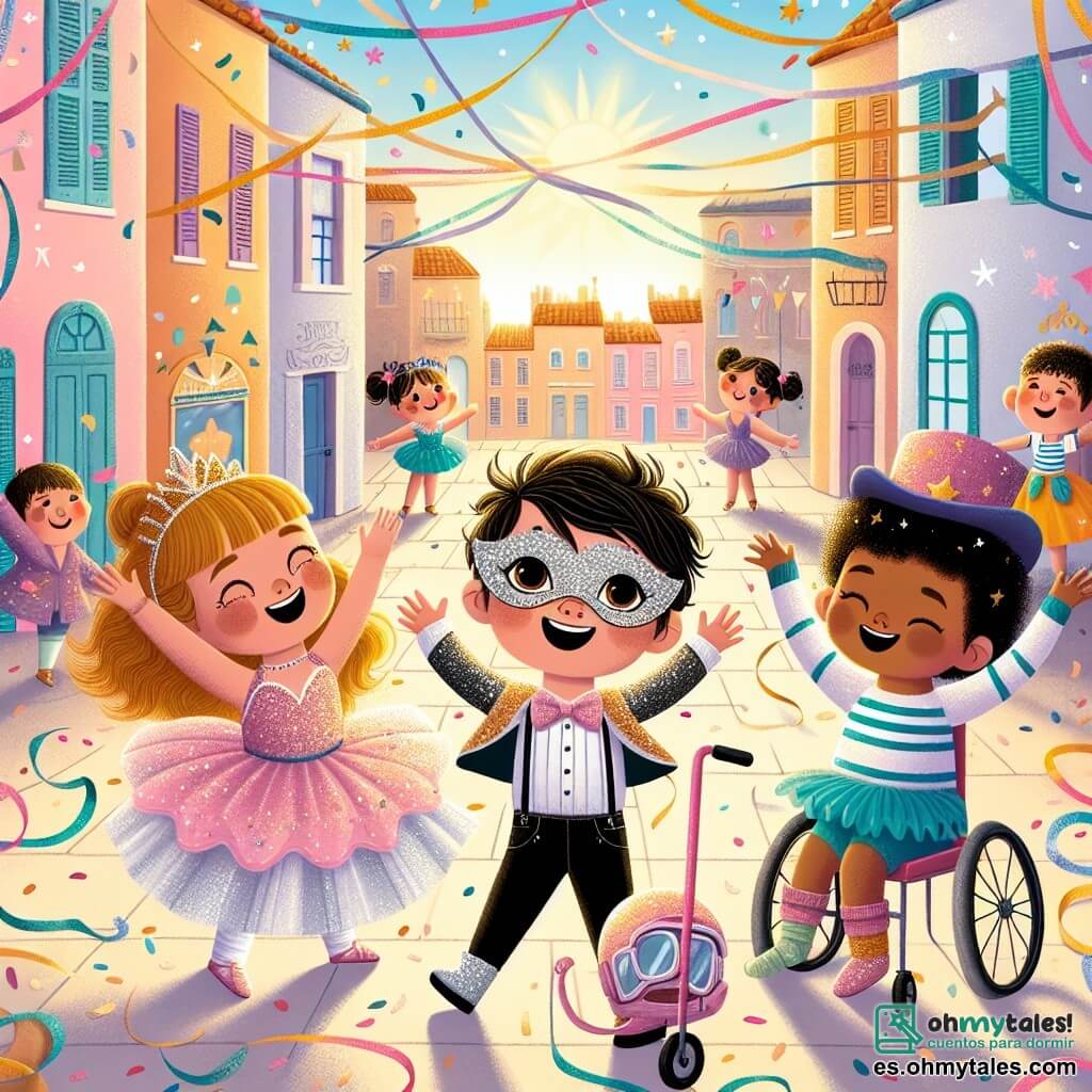 Ilustración que representa una escena colorida del carnaval en una pequeña ciudad soleada, con edificios de fachadas pastel y calles empedradas. En el centro, un grupo de cuatro niños se encuentra en círculo, rodeado de serpentinas y confeti flotando en el aire. Un niño de cuatro años, con cabello castaño y ojos brillantes, lleva una hermosa máscara de lentejuelas y baila alegremente. A su lado, una niña de cuatro años, con cabello rubio y una gran sonrisa, está disfrazada de bailarina con un tutú rosa y lentejuelas. Otro niño de cuatro años, con cabello negro y un sombrero de pirata, finge navegar en un barco imaginario. Finalmente, una niña de cuatro años, con cabello rizado y un casco de astronauta decorado con estrellas, gira en su silla de ruedas, riendo a carcajadas. La escena captura la energía y la magia del carnaval, con globos coloridos flotando en el cielo y luces brillantes que iluminan los rostros felices de los niños. Mariposas de papel y estrellas de cartón decoran el entorno, añadiendo un toque de ensueño a esta celebración llena de alegría y amistad.