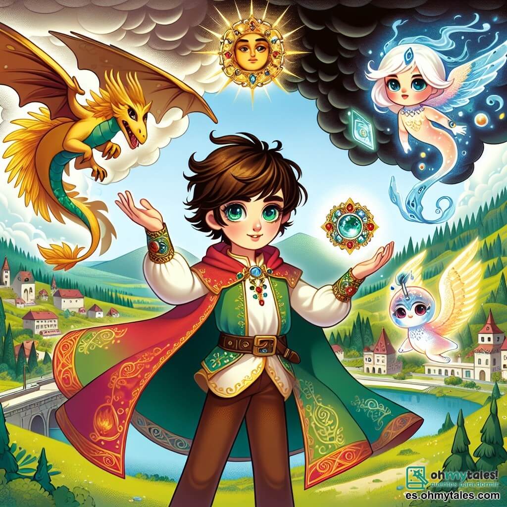 Une illustration sous forme de dessin destinée aux enfants représentant un jeune garçon aux cheveux bruns et aux yeux pétillants, vêtu de vêtements colorés et d'une cape flottante, se tenant courageusement au sommet d'une colline verdoyante surplombant un village vibrant, tandis qu'il brandit un amuleto scintillant dans une main, entouré de créatures mythiques comme un dragon aux écailles dorées et un esprit de l'air aux ailes translucides, tous unis pour affronter une ombre menaçante qui plane au-dessus d'eux, symbolisant l'union des éléments et la lutte contre les forces obscures.