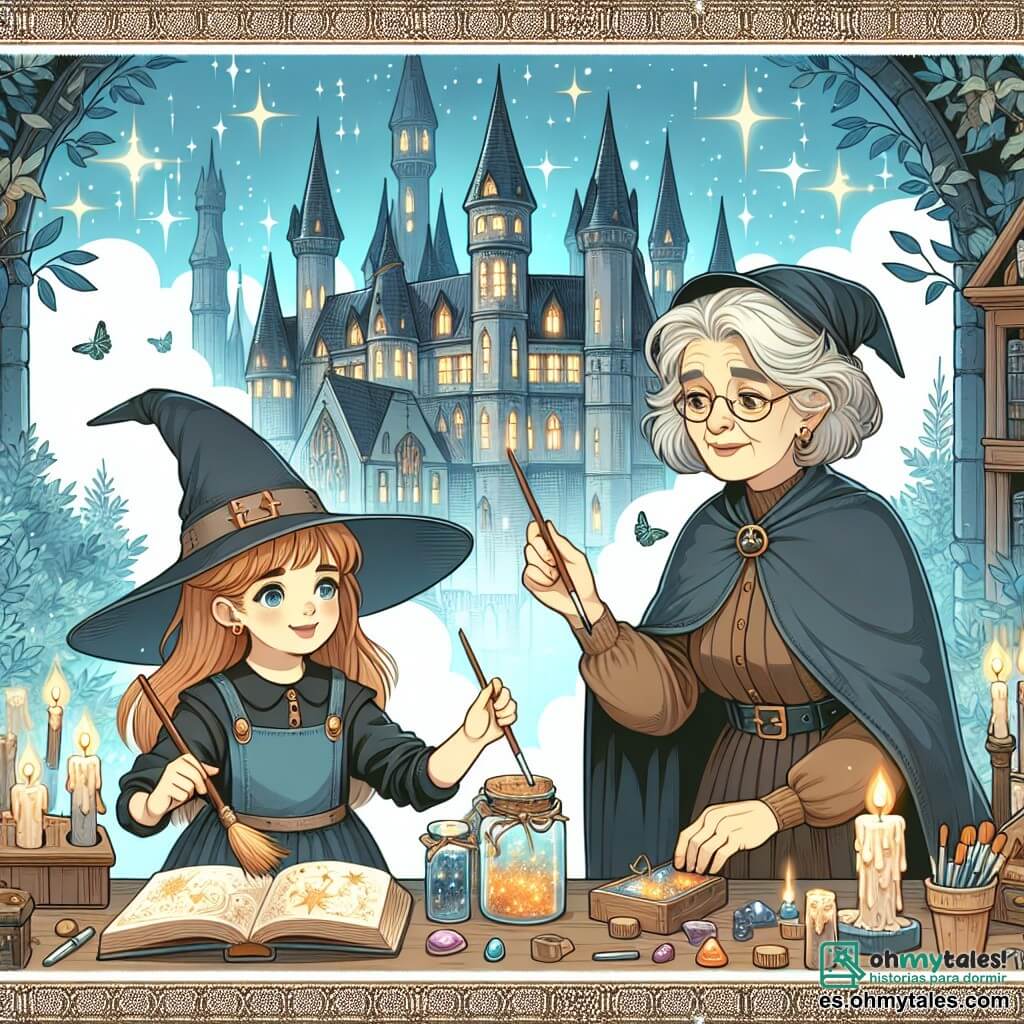 Une illustration destinée aux enfants représentant une jeune apprentie sorcière, une vieille directrice sage, un imposant collège de brujas aux tours scintillantes situé au cœur d'une forêt enchantée.