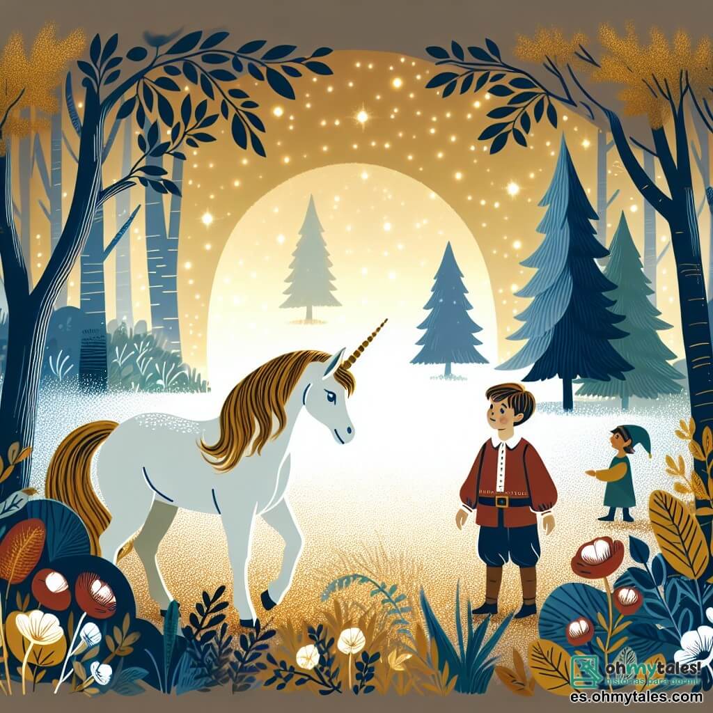 Une illustration destinée aux enfants représentant une magnifique licorne qui rencontre un jeune garçon dans une forêt enchantée, accompagnée d'un petit elfe, dans un clairière baignée de douces lumières dorées.