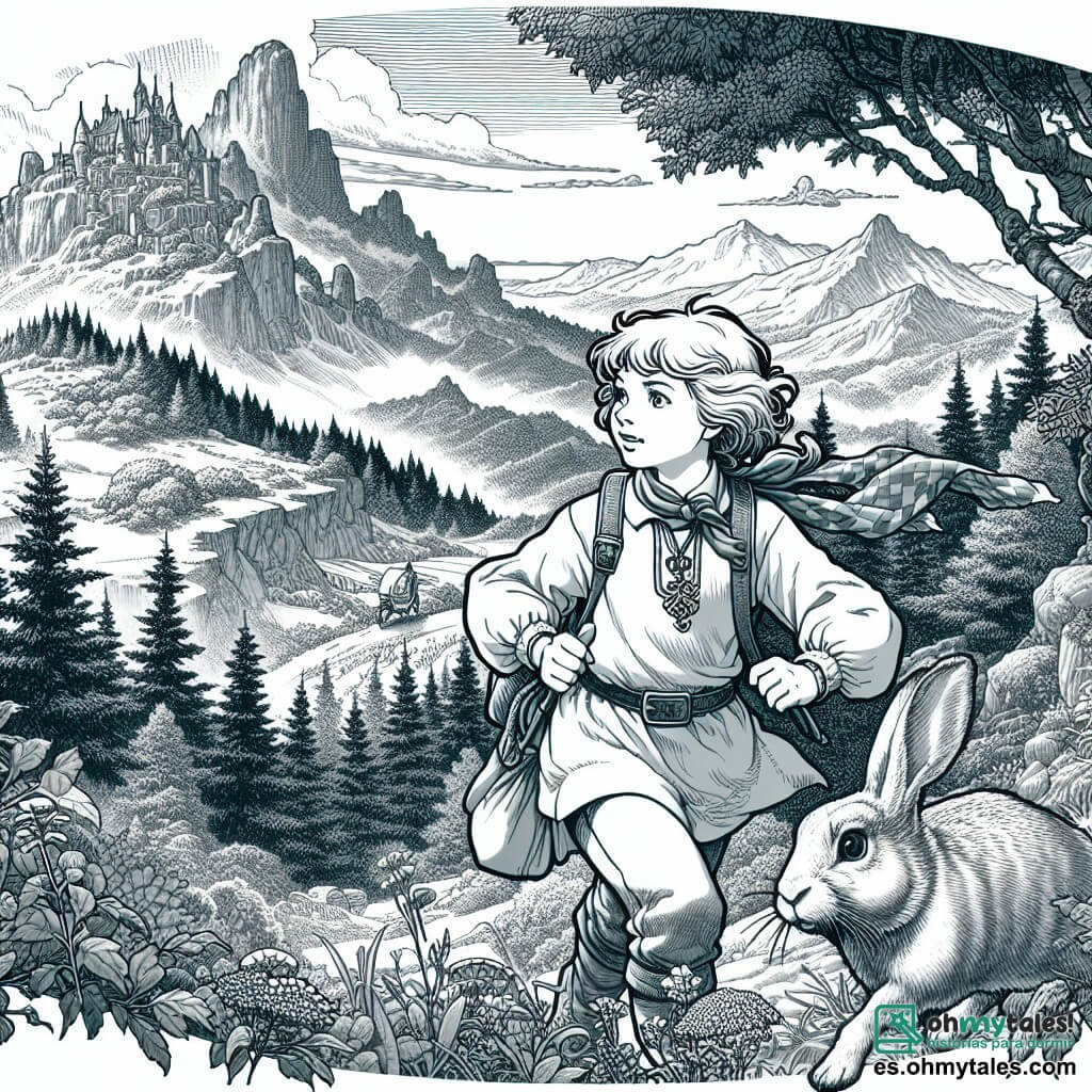 Une illustration destinée aux enfants représentant une jeune fille courageuse explorant un royaume enchanté aux côtés de son fidèle compagnon, un lapin sautillant, dans un paysage de montagnes majestueuses et de forêts mystérieuses.