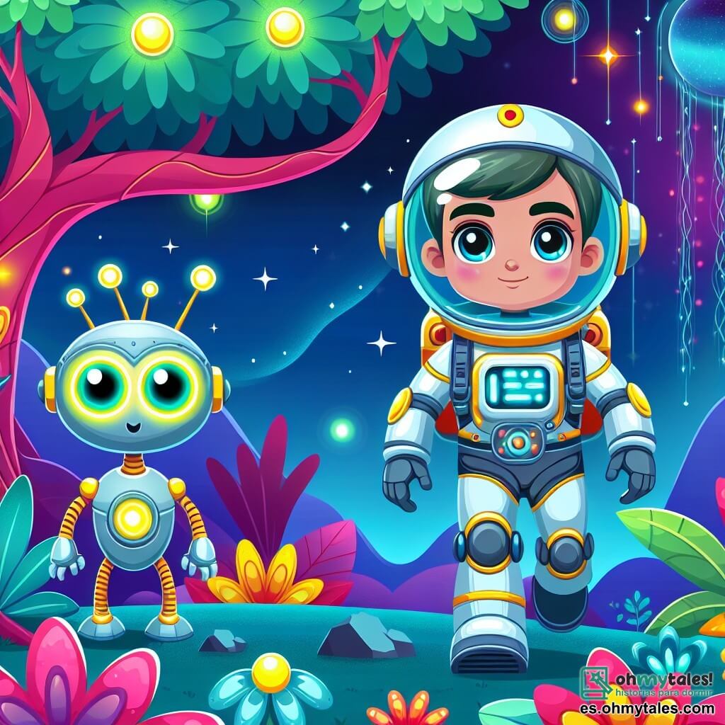Une illustration destinée aux enfants représentant un astronaute masculin courageux explorant un planète alien avec l'aide d'un robot féminin aux yeux lumineux, dans une jungle extraterrestre aux arbres multicolores et aux fleurs phosphorescentes.