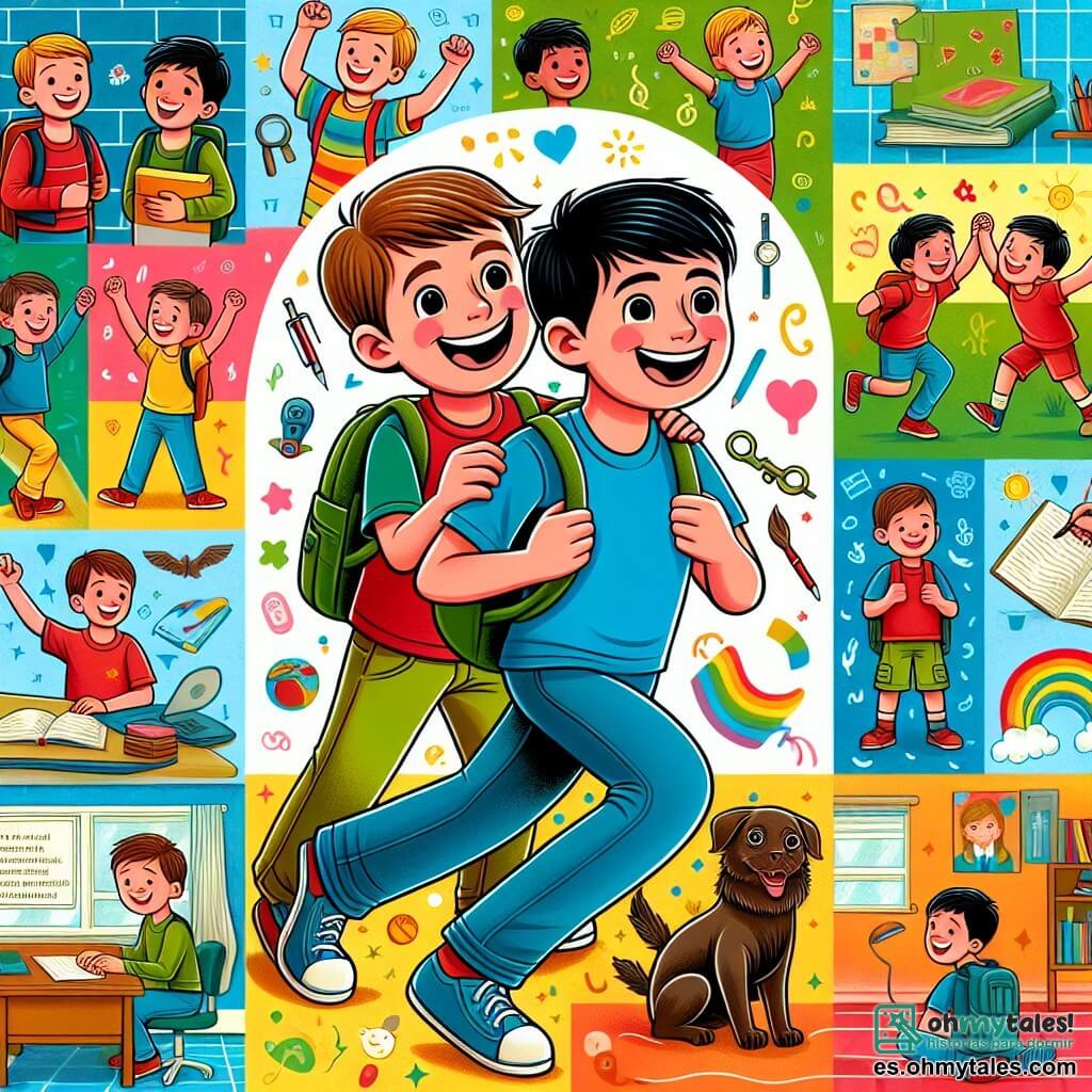 Une illustration destinée aux enfants représentant un jeune garçon, plein d'enthousiasme, faisant face à différents défis avec l'aide de son fidèle ami dans une école colorée et animée, pleine de sourires et de rires.