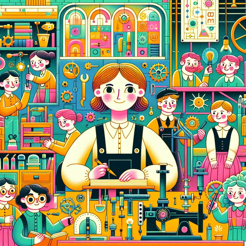 Une illustration destinée aux enfants représentant une femme curieuse et ingénieuse, entourée de ses amis inventeurs, dans un atelier coloré rempli d'outils, de machines et d'étagères remplies de livres, où ils créent des inventions incroyables pour améliorer le monde.