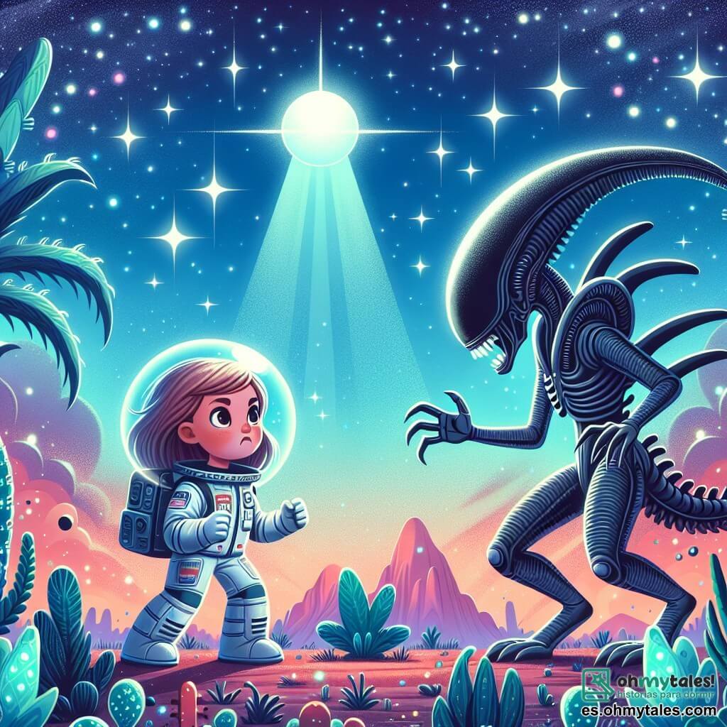 Une illustration destinée aux enfants représentant une jeune fille astronaute courageuse faisant face à une créature alien imposante sur un planète inconnu, entourées de flore extraterrestre luminescente et de ciels étoilés scintillants.