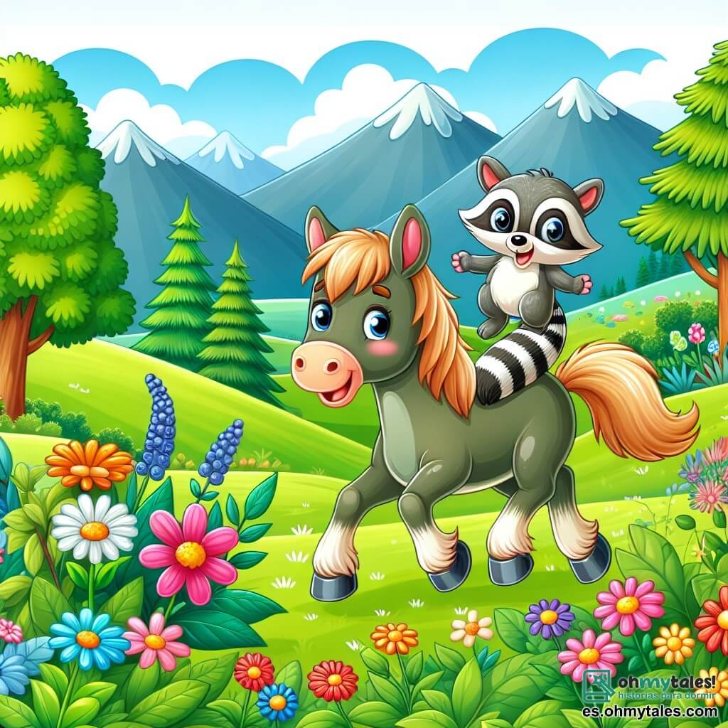 Une illustration destinée aux enfants représentant un joyeux cheval aventurier, un ratoncito curioso, une prairie verdoyante parsemée de fleurs colorées et d'arbres majestueux, où se déroulent des aventures amusantes et pleines de surprises.