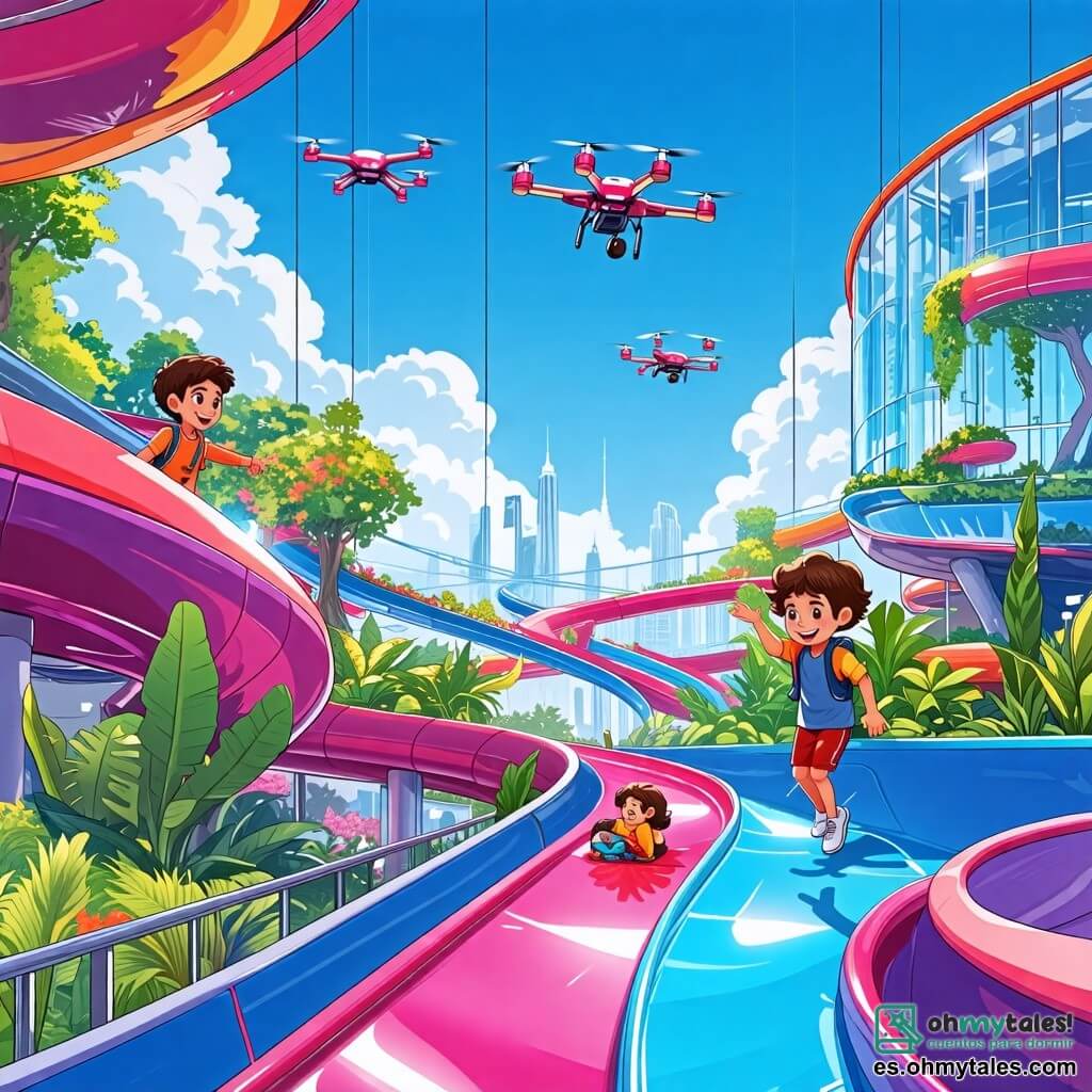 Ilustración que representa una escena vibrante en un parque interactivo futurista de Brillópolis. El parque está lleno de toboganes coloridos que cambian de forma, rodeados de jardines colgantes donde plantas luminosas flotan en el aire. Estructuras de vidrio y metal brillan bajo un cielo azul claro, mientras drones surcan el cielo transportando paquetes. En el centro de la imagen, un niño de ocho años, con cabello castaño desordenado y ojos llenos de curiosidad, se divierte en un tobogán que se transforma en espiral. A su lado, una niña de su edad, con cabello rizado y una gran sonrisa, lleva una camiseta de motivos futuristas y observa con asombro un pequeño robot que flota a su lado. Otro niño, con gafas que tienen luces intermitentes, está inclinado sobre una tableta que proyecta hologramas coloridos, mientras otra niña, con pequeños robots en los hombros, ríe jugando con juguetes flotantes. La situación principal muestra a estos niños explorando y divirtiéndose en este parque mágico, donde la tecnología y la naturaleza se encuentran, creando una atmósfera alegre y dinámica. Elementos gráficos adicionales incluyen hologramas de juegos interactivos, luces brillantes que emanan de las estructuras y niños jugando juntos, ilustrando el espíritu de aventura y amistad que reina en esta ciudad futurista.