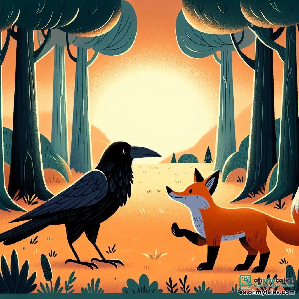 Une illustration destinée aux enfants représentant un corbeau au plumage noir comme l'ébène, faisant face à un renard rusé dans une clairière enchantée du bosque, où les arbres majestueux dansent sous la lumière dorée du soleil couchant.