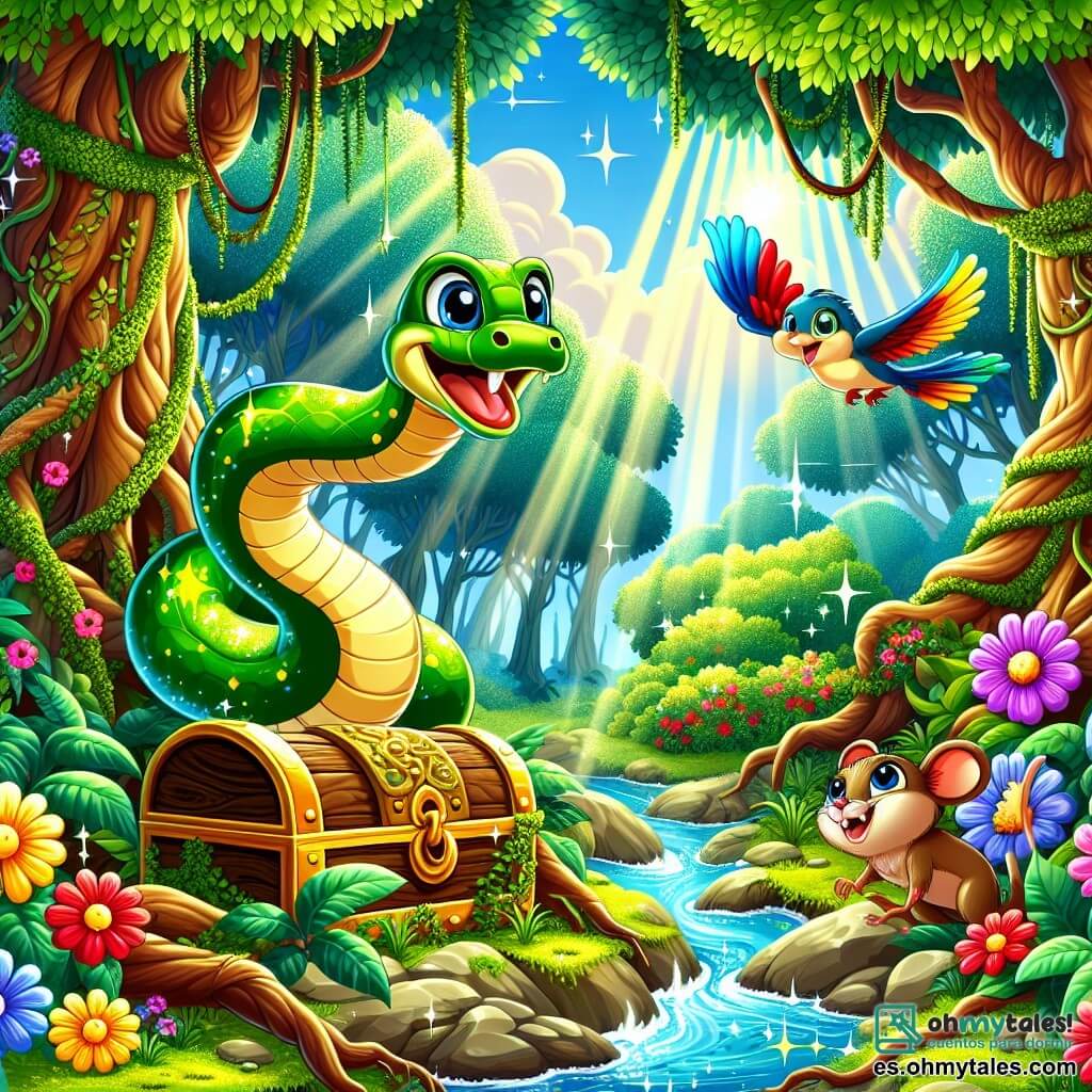 Ilustración que representa una jungla exuberante y colorida, donde grandes árboles de troncos gruesos se elevan hacia un cielo azul salpicado de nubes blancas esponjosas. Flores brillantes de colores vivos, como rojo, amarillo y violeta, salpican el suelo, mientras un arroyo centelleante serpentea entre las rocas. En el centro de la imagen, una serpiente de escamas verdes brillantes y rayas amarillas se desliza ágilmente entre las hojas. Sus ojos chispeantes de curiosidad y su sonrisa traviesa reflejan su entusiasmo por la aventura. Se está acercando a un gran cofre de madera antigua, cubierto de lianas y musgo, que parece esconder un tesoro. Junto a él, un pequeño pájaro colorido con plumas rojas y azules vuela alegremente, con las alas desplegadas, mientras que un pequeño roedor de pelaje marrón y ojos vivos observa con fascinación la escena. El roedor, de pie sobre sus patas traseras, parece listo para saltar hacia el cofre. La situación principal muestra a la serpiente y sus amigos descubriendo el cofre misterioso, rodeados de una atmósfera de emoción y misterio, con destellos de luz filtrándose a través del follaje, creando un ambiente mágico y alegre. Burbujas de goma de mascar flotan a su alrededor, añadiendo un toque lúdico a la ilustración.