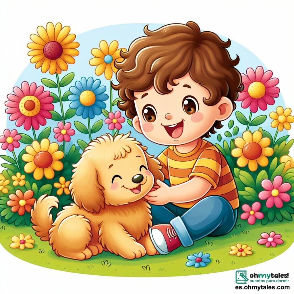 Une illustration sous forme de dessin destinée aux enfants représentant un jardin ensoleillé rempli de fleurs colorées, où un garçon de 3 ans aux cheveux bouclés et aux yeux pétillants, assis sur l'herbe, sourit joyeusement en jouant avec son chien doré à la fourrure douce, tandis que sa maman, une femme aux cheveux bruns et au sourire chaleureux, s'assoit à côté de lui, tous deux partageant un moment tendre et joyeux, illustrant l'idée que l'amour et l'imagination peuvent apporter du bonheur même face à la maladie.