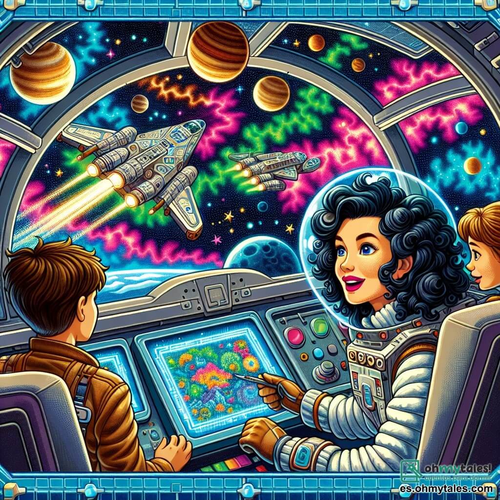 Une illustration sous forme de dessin destinée aux enfants représentant une scène vibrante dans l'espace, où une femme aux cheveux bouclés et sombres, vêtue d'une combinaison spatiale argentée, se tient à l'intérieur de la cabine de pilotage de sa navette spatiale, observant avec émerveillement un paysage interstellaire rempli de planètes colorées et de formations de gaz brillants, tandis qu'un jeune garçon aux cheveux bruns, en train de manipuler des écrans holographiques, et une fille aux cheveux blonds, examinant des échantillons de plantes extraterrestres, l'entourent, tous trois partageant un moment d'excitation et de découverte face à l'inconnu.