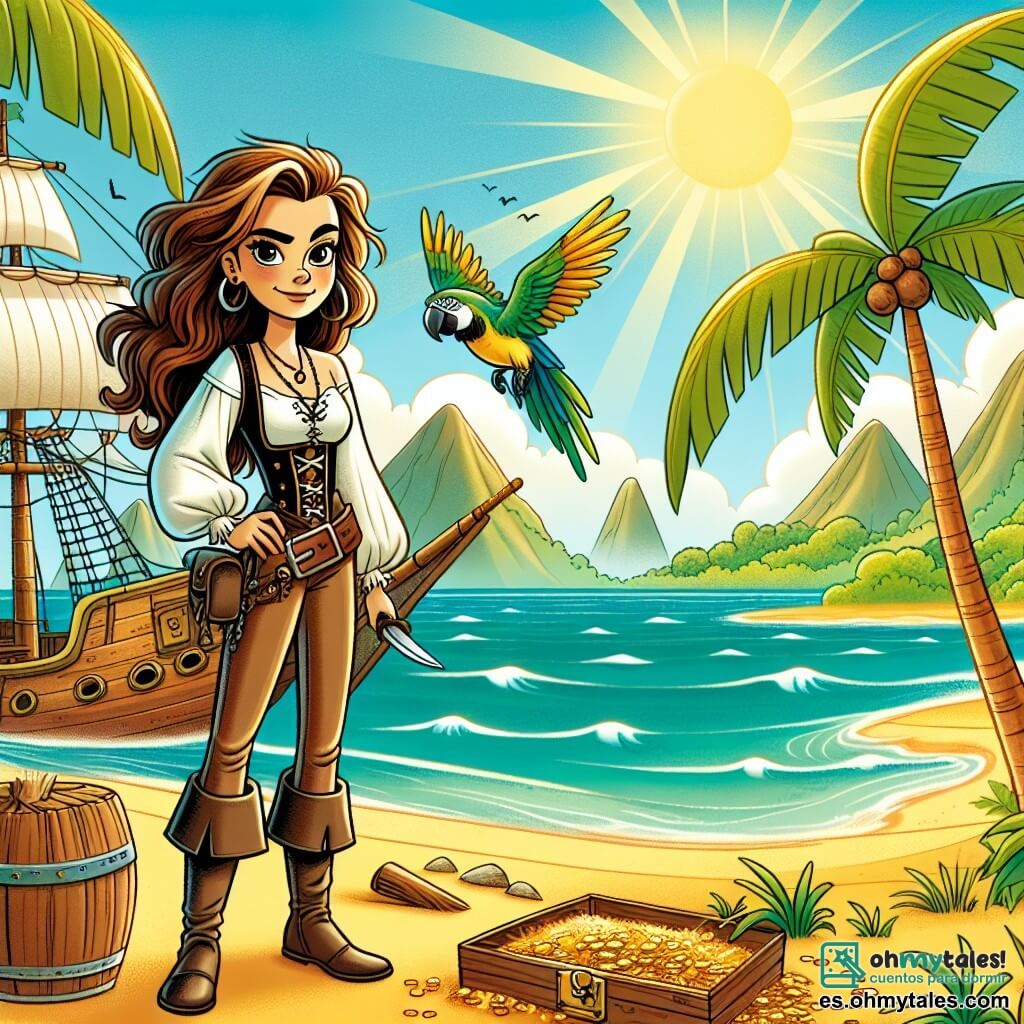Une illustration sous forme de dessin destinée aux enfants représentant une plage ensoleillée de l'île du Caribe, avec des palmiers se balançant doucement au vent, où une femme pirate aux cheveux longs et ondulés, vêtue d'une chemise blanche et d'un pantalon en cuir, se tient fièrement sur le pont de son vieux bateau, El Viento Libre, tandis qu'un petit perroquet coloré, aux plumes vertes et jaunes, vole autour d'elle en criant, alors qu'elle prépare son plan audacieux pour récupérer le trésor volé par des pirates malicieux, avec des montagnes de pièces d'or scintillantes à l'arrière-plan, évoquant l'esprit d'aventure et de bravoure.