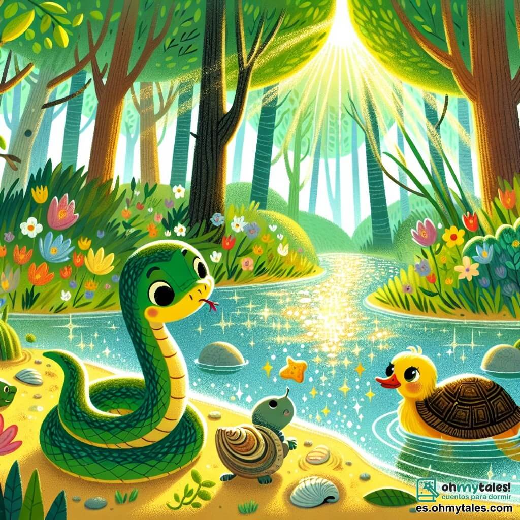 Illustration destinée aux enfants représentant une scène enchantée au bord d'un ruisseau scintillant, entouré de grands arbres aux feuilles d'un vert éclatant, où des fleurs colorées dansent au gré du vent. Au centre, un petit serpent aux écailles brillantes comme des émeraudes, avec des yeux pétillants de curiosité, glisse doucement sur le sol, cherchant une conque perdue. À ses côtés, une tortue au dos orné d'une belle conque rayée, légèrement inquiète, scrute les environs, tandis qu'un canard aux plumes jaunes vives nage joyeusement dans l'eau, prêt à aider ses amis. La scène dégage une atmosphère de camaraderie et d'aventure, avec des rayons de soleil filtrant à travers les branches, illuminant le moment où les amis unissent leurs forces pour retrouver la conque disparue.