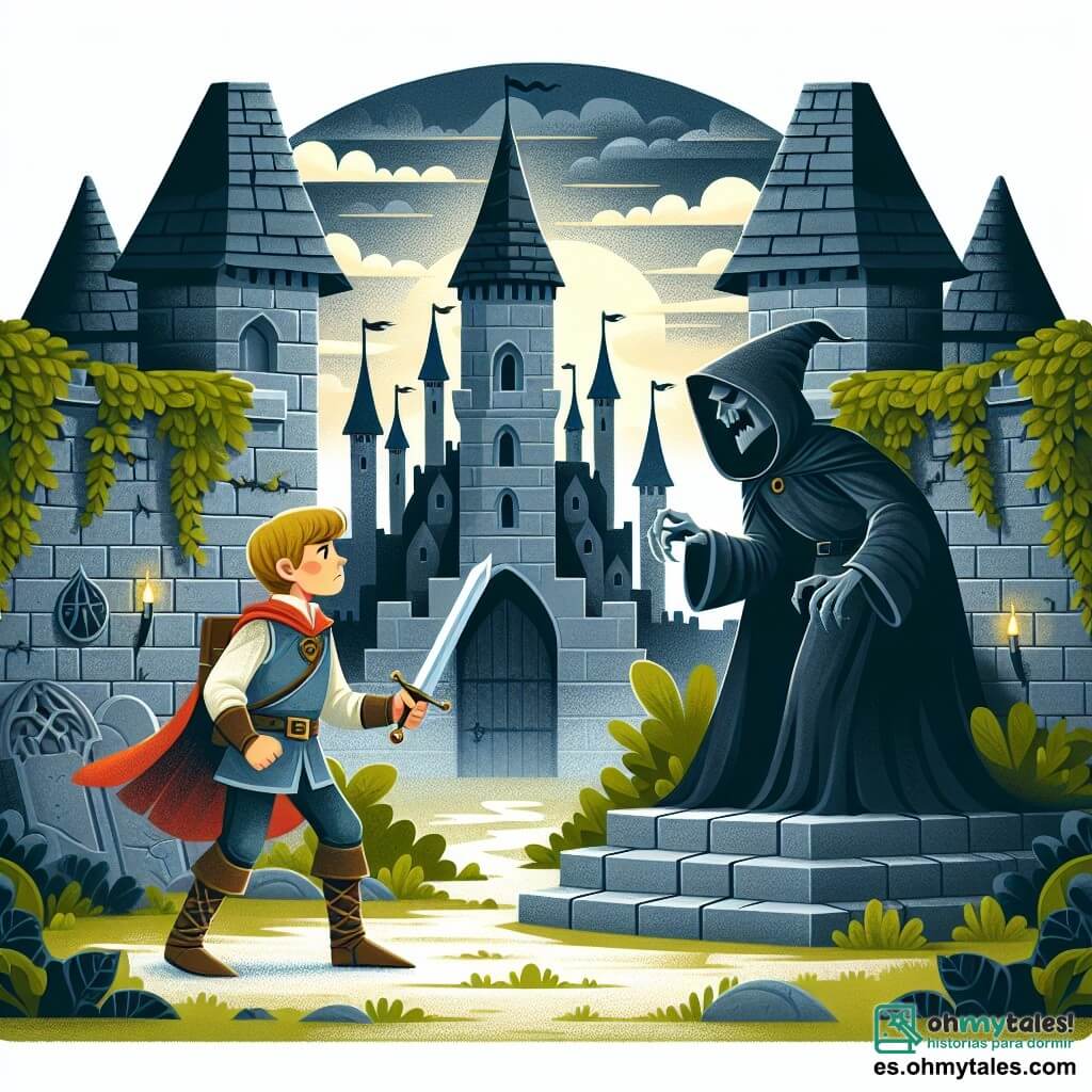 Une illustration destinée aux enfants représentant un courageux chevalier, un jeune garçon, affrontant un maléfique sorcier aux pouvoirs sombres, dans un mystérieux château aux tours effilées et aux murs de pierre recouverts de lierre.