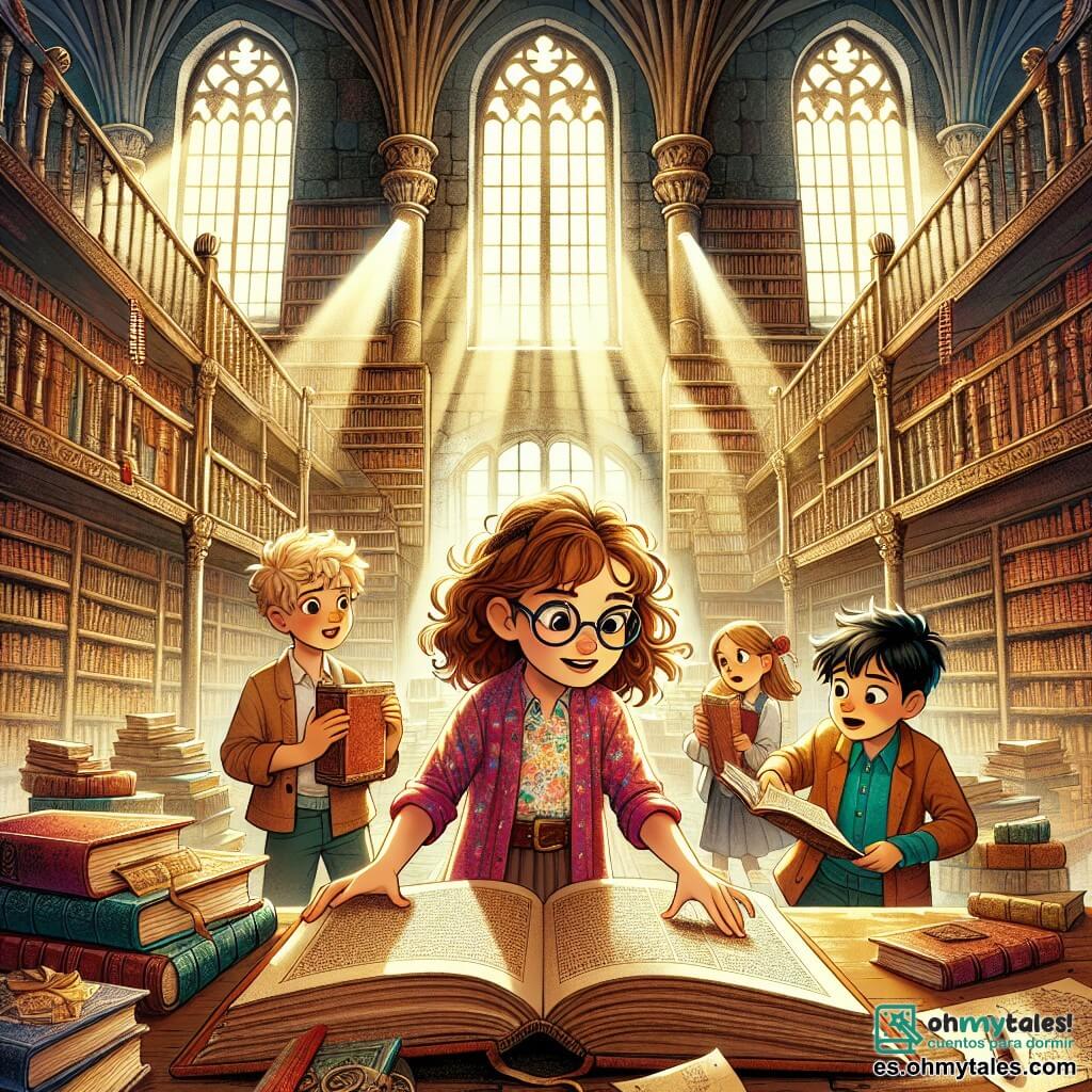 Une illustration sous forme de dessin destinée aux enfants représentant une bibliothèque ancienne, avec de grandes étagères remplies de livres poussiéreux et des rayons de lumière filtrant à travers de grandes fenêtres, où une fille de 11 ans aux cheveux bruns et bouclés, portant des lunettes et un t-shirt coloré, examine avec curiosité un vieux livre ouvert sur une table, tandis que deux de ses amis, un garçon aux cheveux blonds et un autre garçon aux cheveux noirs, se penchent sur une carte ancienne, tous trois visiblement excités par la découverte d'une clé mystérieuse qui pourrait les mener à un trésor caché.