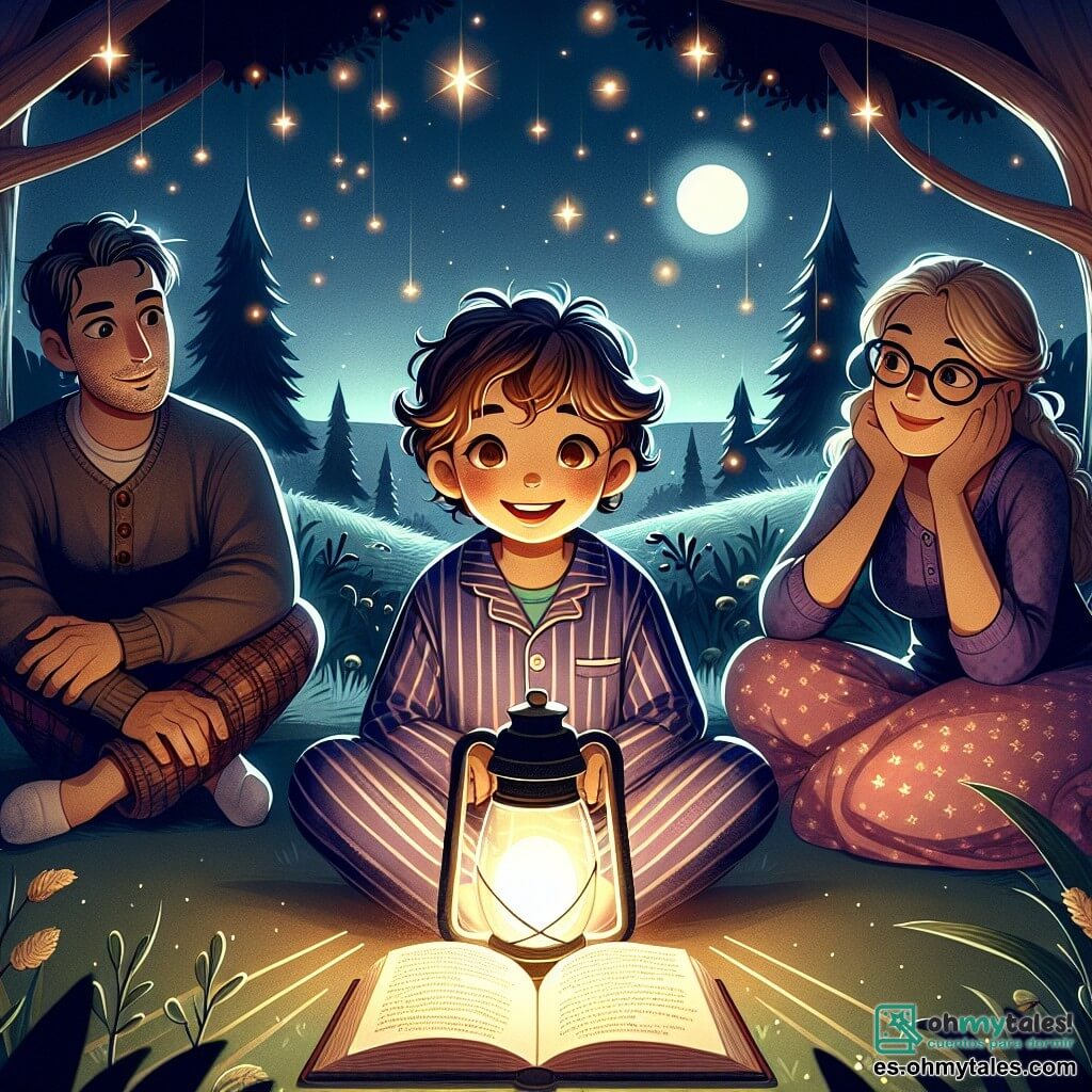 Ilustración que representa una escena nocturna en un jardín iluminado por la suave y cálida luz de una gran linterna. El cielo está salpicado de estrellas brillantes, y las sombras de los árboles bailan suavemente al compás del viento, creando una atmósfera a la vez misteriosa y acogedora. En el centro de la imagen, un niño de 9 años, con cabello rizado y despeinado, lleva un pijama a rayas. Sus ojos brillantes, llenos de curiosidad, están fijos en un libro abierto frente a él. Sonríe, mostrando un pequeño diente faltante, y parece cautivado por las historias que cuenta a sus padres. A su lado, una mujer de unos treinta años, con cabello largo y ondulado, está sentada sobre una manta, escuchando atentamente. Lleva un suéter cómodo y tiene una mirada benevolente, animando a su hijo a compartir sus pensamientos. Al otro lado, un hombre de mediana edad, con una ligera barba y gafas, sonríe asintiendo, agregando comentarios divertidos a la historia. La situación principal muestra al niño contando la aventura de un pequeño mapache valiente que supera su miedo a la oscuridad. Juguetes coloridos están esparcidos a su alrededor, y una suave brisa hace mover las hojas, añadiendo un toque de magia a la escena. Los rostros de los personajes están iluminados por la linterna, creando un ambiente cálido y reconfortante, mientras que la noche estrellada los rodea, transformando el miedo en una hermosa aventura.