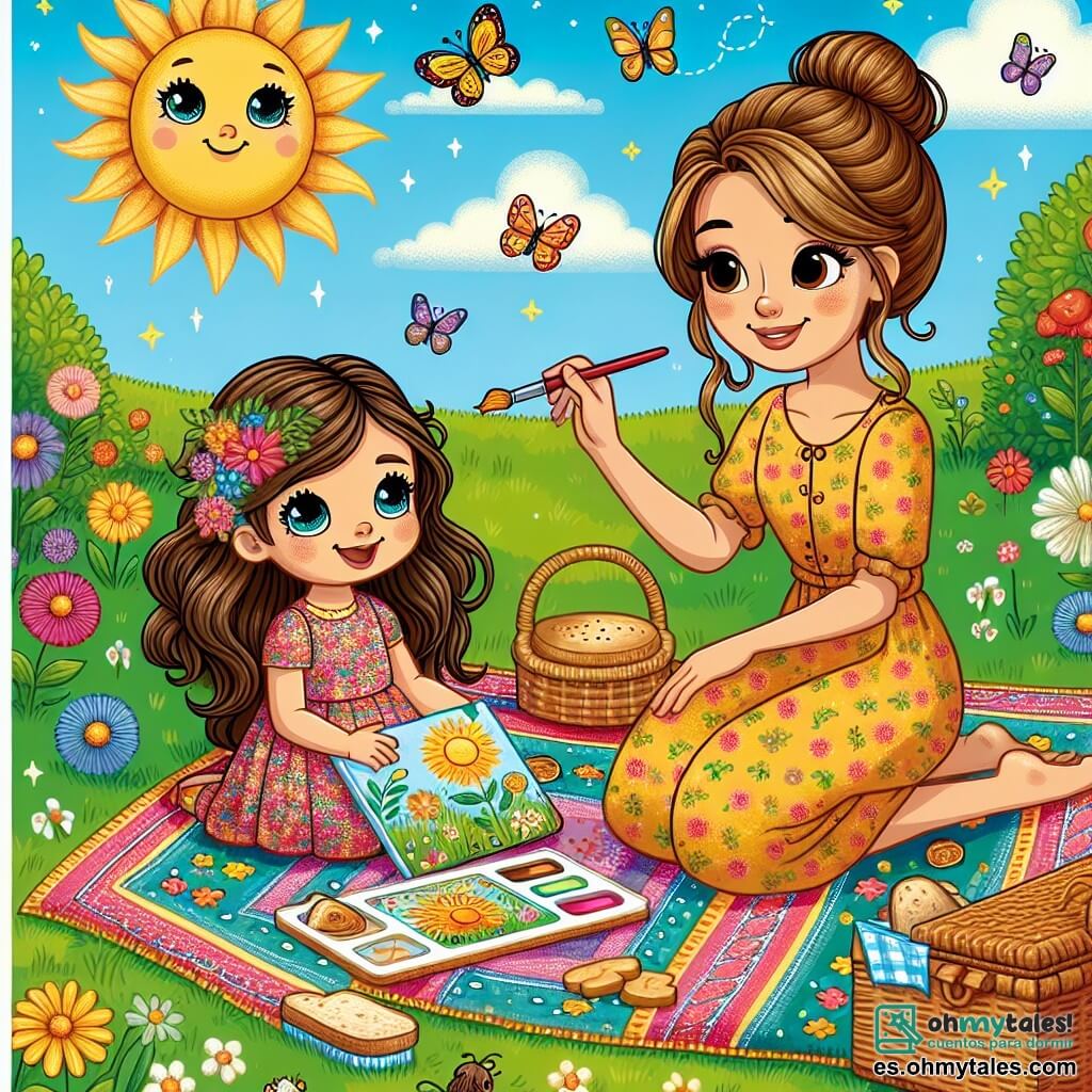 Ilustración que representa un jardín soleado, lleno de flores coloridas y hierba verde, con una gran manta de picnic de vivos colores extendida sobre el suelo. En el centro, una niña de 2 años, con largos cabellos castaños y ojos brillantes, lleva un vestido de flores. Está sentada en la manta, sonriendo, sosteniendo un pincel y pintando un gran sol amarillo en un lienzo. A su lado, una mujer de unos 30 años, con el cabello castaño recogido en un moño y una sonrisa dulce, está preparando sándwiches en una pequeña caja de mimbre. El cielo es azul con algunas nubes blancas, y insectos como mariposas y abejas vuelan alrededor, añadiendo un toque de magia a esta alegre escena veraniega.