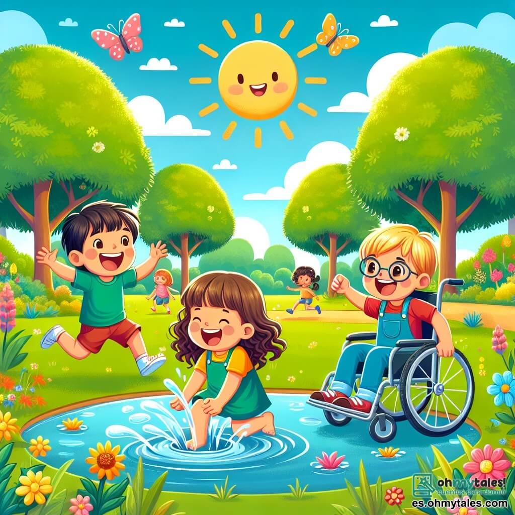 Ilustración que representa un parque soleado con grandes árboles verdes, flores coloridas y un cielo azul brillante. En el centro, tres amigos están jugando cerca de un gran charco de agua. Hay una niña de unos 8 años, con cabello rizado y un vestido amarillo, que salta alegremente en el charco, salpicando agua a su alrededor. A su lado, un niño de 7 años, con cabello castaño y una camiseta roja, ríe mientras sostiene una piedra brillante en su mano. Finalmente, un niño de 9 años, con cabello rubio y usando gafas, está sentado en una silla de ruedas, sonriendo y levantando los brazos en el aire, listo para saltar con sus amigos. La escena captura el momento en que los tres amigos se divierten juntos, riendo y salpicando agua, simbolizando su feliz amistad y espíritu aventurero. Al fondo, se pueden ver mariposas volando y otros niños jugando, añadiendo un ambiente festivo al parque.