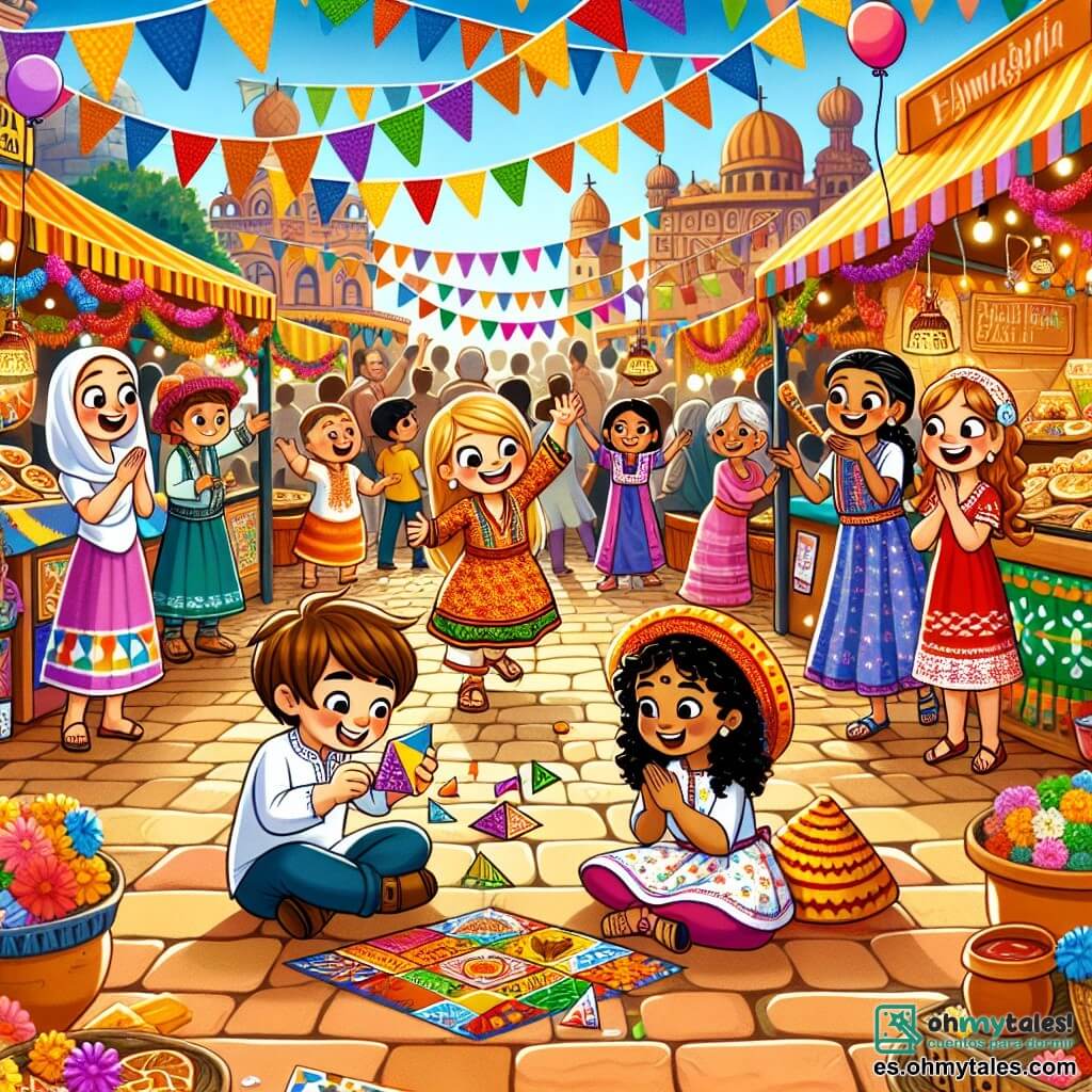 Ilustración que representa una escena vibrante en la "Feria de las Culturas", un mercado colorido lleno de puestos decorados con banderas y faroles. El suelo está pavimentado con losas de terracota y guirnaldas de flores multicolores cuelgan de los árboles. En el centro de la imagen, un niño de seis años, con piel clara y cabello castaño, ríe alegremente mientras intenta doblar un trozo de papel para crear un origami, mientras a su lado, una niña de seis años, con piel morena y cabello rizado, lleva una bonita vestimenta tradicional india y lo mira con curiosidad. Otro niño, también de seis años, con piel oscura y cabello rizado, baila con entusiasmo usando un sombrero colorido, mientras una niña de seis años, con piel clara y cabello rubio, aplaude y sonríe, vistiendo un vestido amarillo con flores. La situación principal muestra a estos cuatro amigos descubriendo y celebrando la diversidad de las culturas a través de actividades lúdicas, como la danza y la artesanía. Al fondo, familias de diferentes orígenes se reúnen alrededor de los puestos, disfrutando de platos exóticos y compartiendo risas, creando una atmósfera alegre y festiva. Globos coloridos flotan en el aire, añadiendo magia a este momento de descubrimiento y amistad.