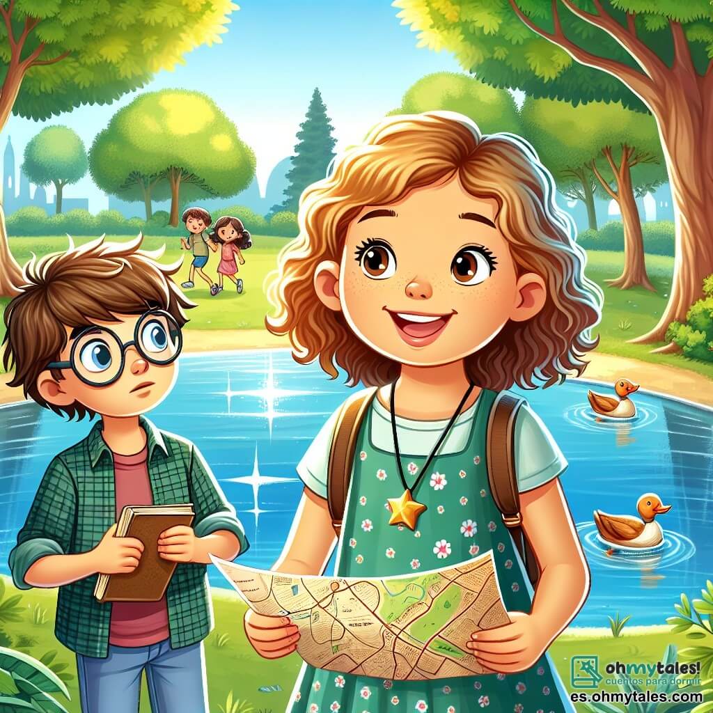 Une illustration sous forme de dessin destinée aux enfants représentant un parc ensoleillé avec des arbres verdoyants et un étang scintillant, où une fille de 11 ans aux cheveux bouclés et à la peau claire, souriante et pleine d'énergie, tient un vieux mappe en papier dans une main et un petit carnet dans l'autre, tandis qu'un garçon un peu plus grand, avec des lunettes et des cheveux bruns, l'observe avec curiosité, tous deux en pleine quête d'un trésor mystérieux, entourés de rires d'enfants et de canards nageant joyeusement dans l'eau, capturant l'esprit d'aventure et de camaraderie de leur défi.
