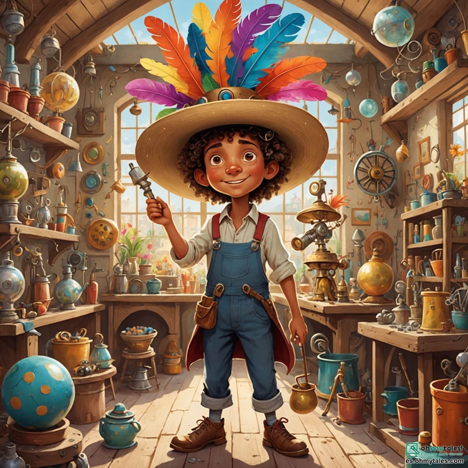 Une illustration destinée aux enfants représentant un homme élancé avec un grand chapeau de copa orné de plumes colorées, entouré de machines étranges et scintillantes dans son atelier farfelu, où les murs sont tapissés de dessins de ses inventions, tandis qu'une petite fille aux cheveux bouclés, pleine d'énergie et de curiosité, l'observe avec des yeux émerveillés, le tout se déroulant dans un village ensoleillé où les fleurs dansent au rythme du vent.